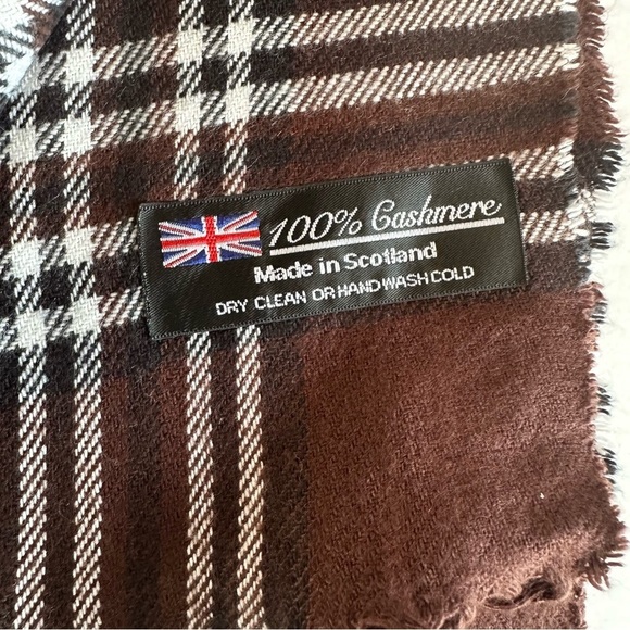 Brown Red Black White Plaid 100% Cashmere Scarf Scotland - Picture 2 of 4